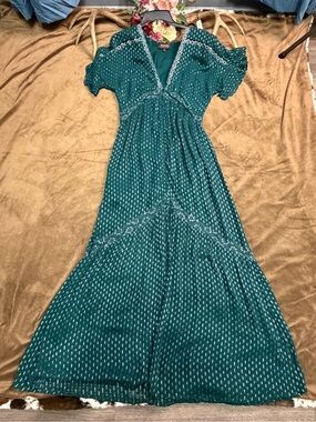 Shyanne Teal Silver Metallic Western Boho Maxi Dress Size L